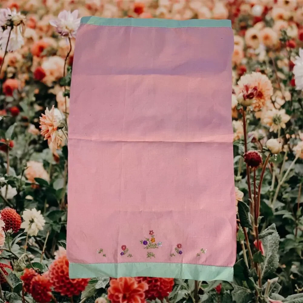 3/$20 VTG Linen Handmade Pink & Green Floral Embroidery Tea Towel READ